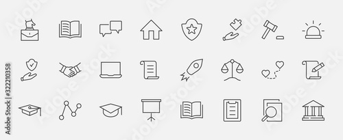 Set of Law and justice Vector Line Icons. Contains such Icons as weapon, arrest, authority, courthouse, gavel, legal, weapon and more. Editable stroke. 32x32 Pixels photo