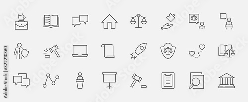 Set of Law and justice Vector Line Icons. Contains such Icons as weapon, arrest, authority, courthouse, gavel, legal, weapon and more. Editable stroke. 32x32 Pixels