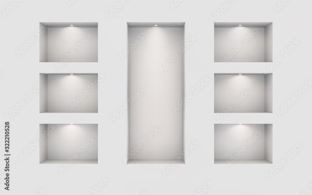 Seven illuminated niches on a white wall. Place for an exhibition. Top view mockup template for design. Light effect on a separate layer. Vector. Eps10. Seven illuminated niches on a white wall. Place for an exhibition. Top view mockup template for design. Light effect on a separate layer. Vector. Eps10.