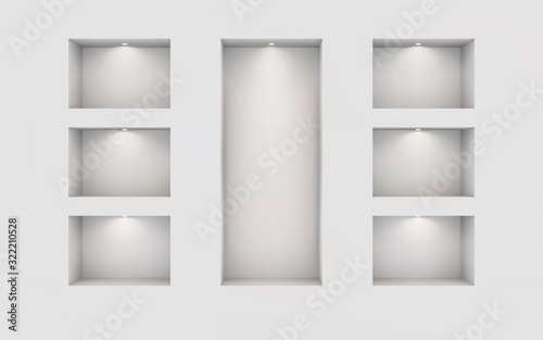 Seven illuminated niches on a white wall. Place for an exhibition. Top view mockup template for design. Light effect on a separate layer. Vector. Eps10.