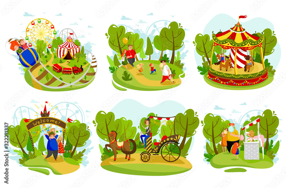 Happy family together in summer amusement park, vector illustration ...