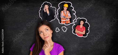 Foto Career choice student thinking of choosing future job employement options banner panorama
