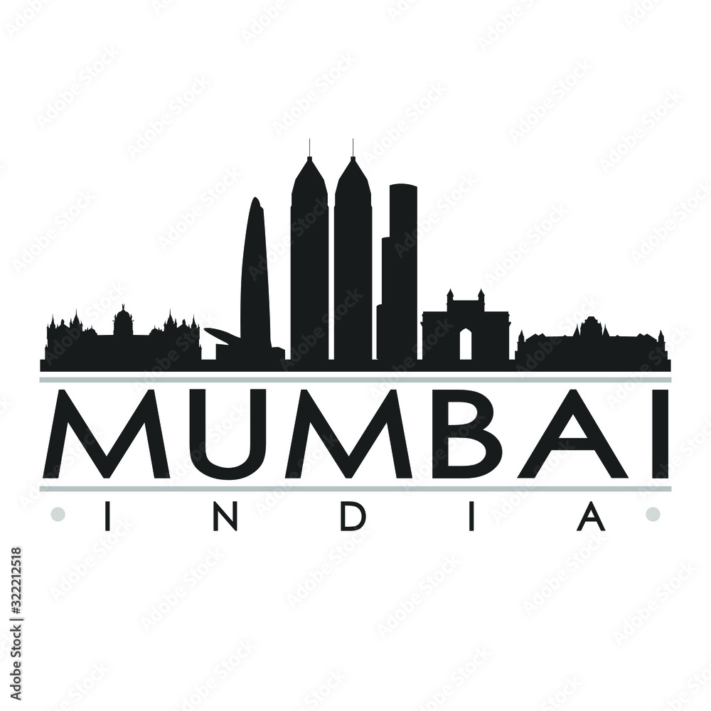 Mumbai India. City Skyline. Silhouette City. Design Vector. Famous Monuments.