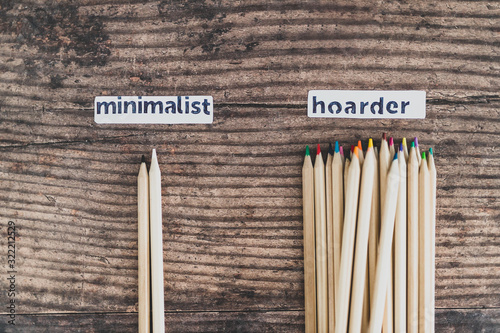 Photos minimalist vs hoarder lifestyle, 2 tidy pencils vs messy group of all colors