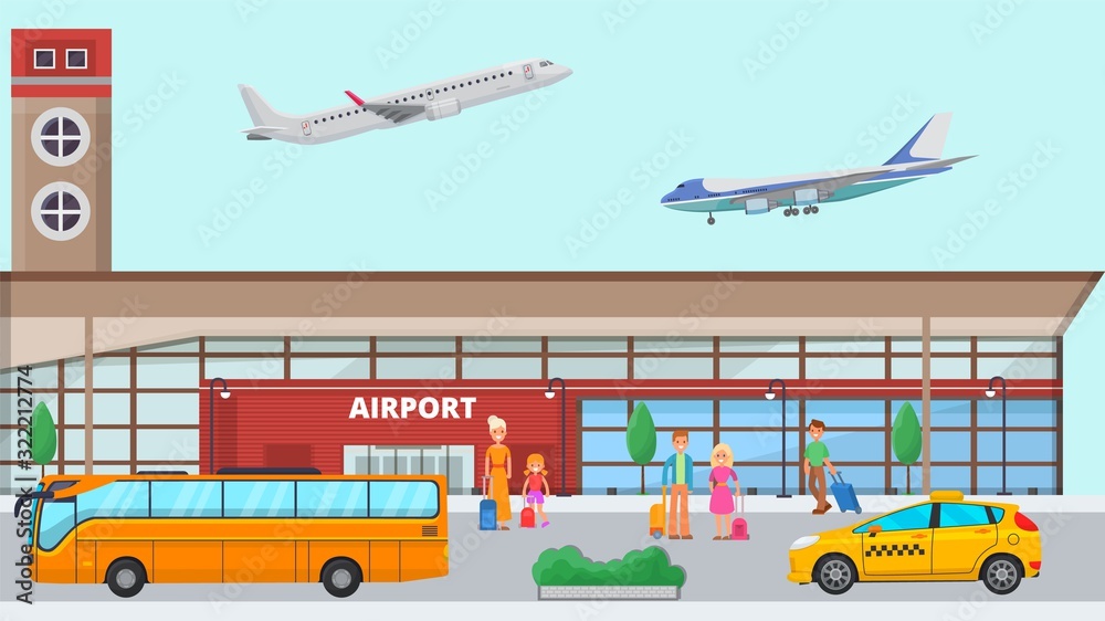 Airport terminal vector illustration. Smiling happy travelling people with luggage in front of entry airport buildings facade. Stop of transportation taxi, bus. Airplanes takeoff and landing in sky.