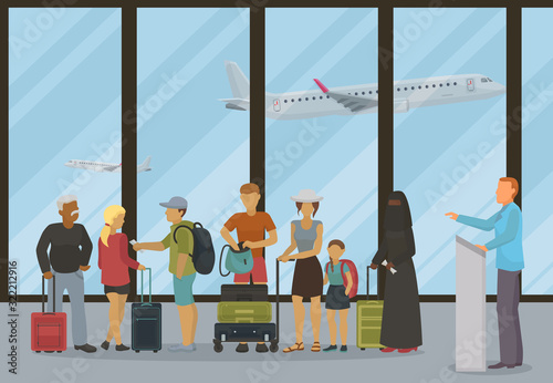 Airport terminal departure or check-inn hall vector illustration. Different people with tickets boarding passes and luggage waiting for airports opening boarding gate registration counter.