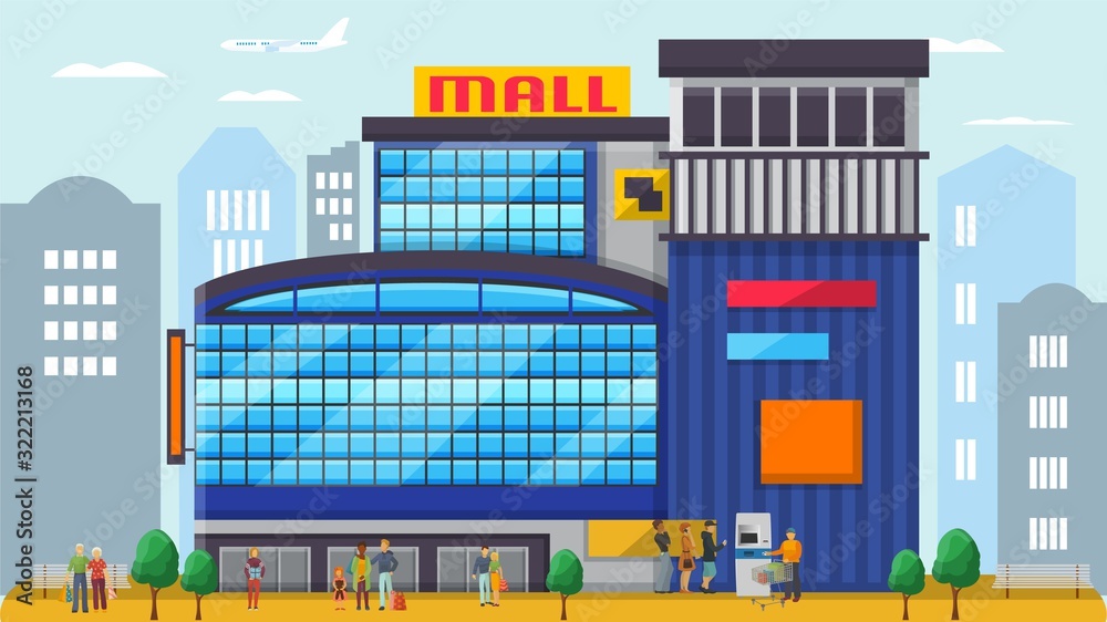 City shopping mall center vector illustration. Different people buyers shoppers couples families men women standing outside in front of modern emporium building facade near entry.