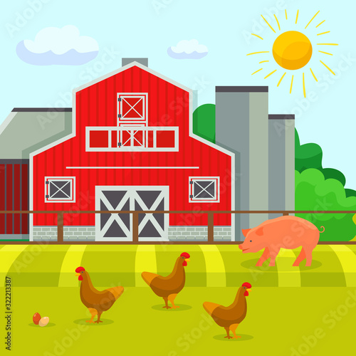 Chickens and pig walking on yard of farmstead buildings vector illustration cartoon flat style. Animal poultry breeding agricultural countryside farm. Rural nature landscape.