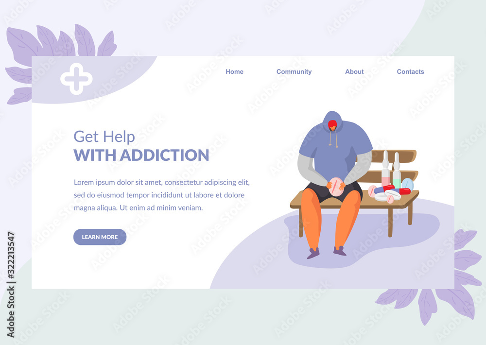 Drug addiction help concept vector illustration website. Man with medications pills, tablets, ampoules sits on bench. Internet, landing page banner. Healthcare, treatment, psychological support.