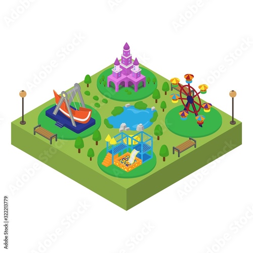 Amusement theme family outdoor park isometric vector illustration isolated. Princess castle  swing  slide  ferris wheel. Amusement entertainment fun area zone for kids children.
