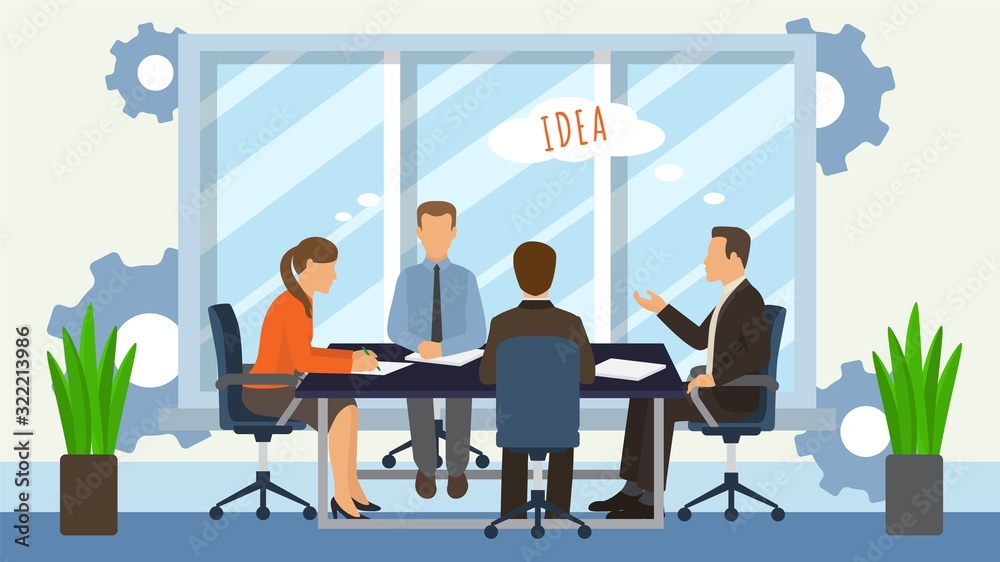 Business people teamwork brainstorming idea generation in corporate office at desk vector illustration flat. Man woman colleague meeting cooperation. Company strategy project analytics.