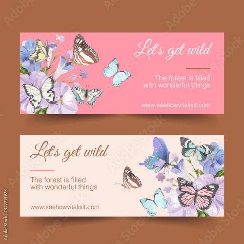 Insect and bird banner design with linum, butterfly watercolor illustration.