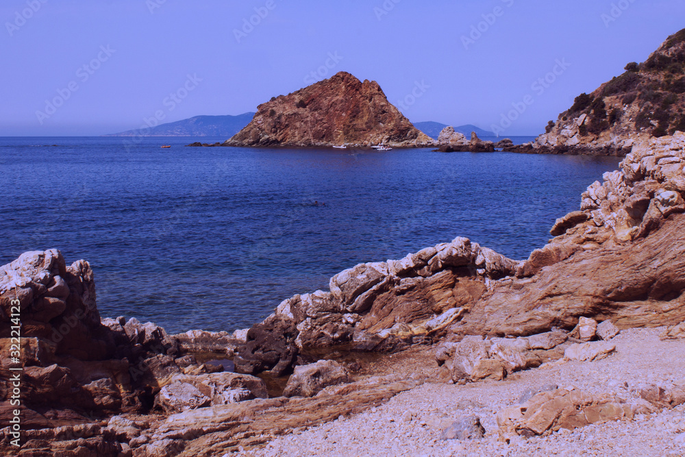 View of Tirrenic sea and rocks. Copy space. Monte Argentario, Tuscany, Italy