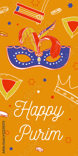Vertical design template for Purim. Traditional, mask and hamatashen. Hand drawn outline vector sketch illustration with title
