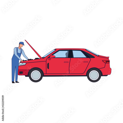 car mechanic fixing a red car, colorful design