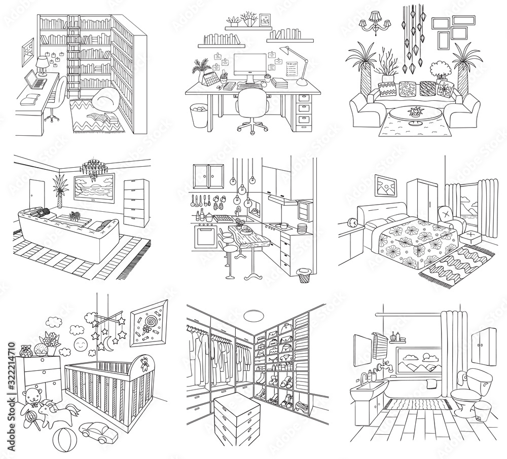 Set of rooms in the house including, working room, living room, bathroom, dressing room, baby room,kitchen and library for printing or web element. Vector illustration