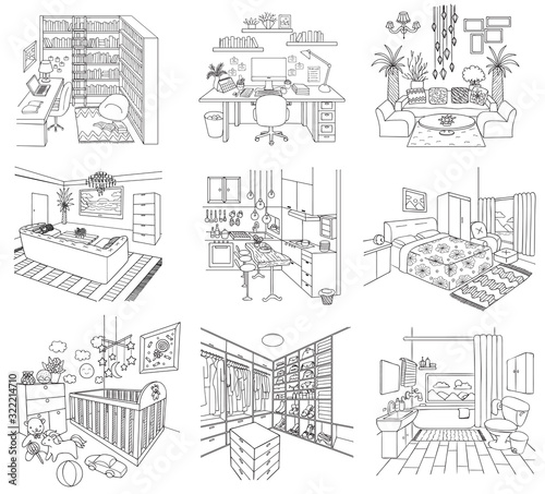 Set of rooms in the house including  working room  living room  bathroom  dressing room  baby room kitchen and library for printing or web element. Vector illustration