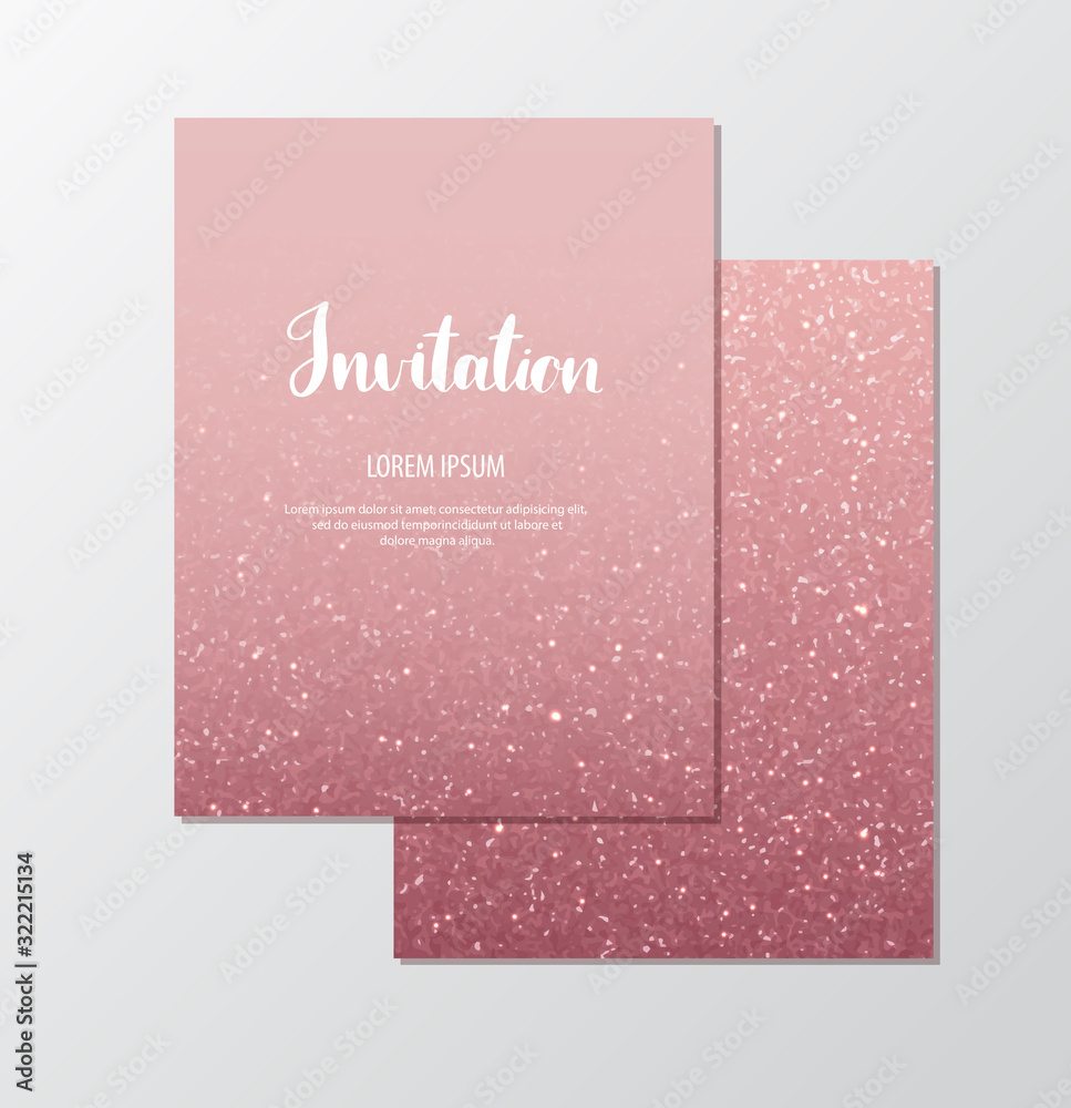 Rose gold glitter invitation template with sparkles for events. vector