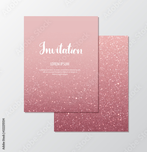 Rose gold glitter invitation template with sparkles for events.