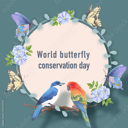 Insect and bird wreath design with sun conure, butterfly, linum watercolor illustration.