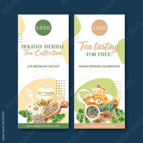 Herbal tea flyer design with parsley, bay leaves, chamomile watercolor illustration.