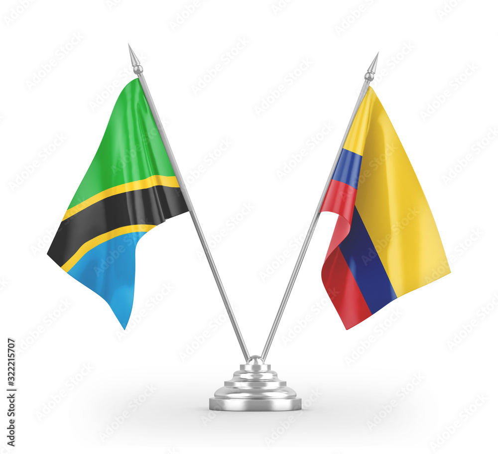 Colombia and Tanzania table flags isolated on white 3D rendering Colombia and Tanzania table flags isolated on white 3D rendering