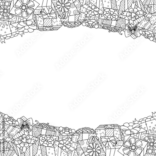 Line art of gift boxes frame with copy space for Christmas or birthday card,banner,poster and adult coloring book. Vector illustration