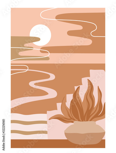 Vector  hand drawn  minimalistic illustration landscape. Creative  artwork with abstract shapes. Template for postcard, poster, banner, print for t-shirt, label,  patch.