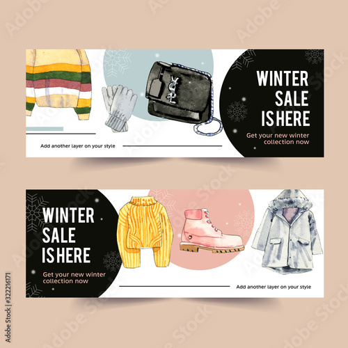 Winter style banner design with sweater, gloves, bag, boots watercolor illustration.