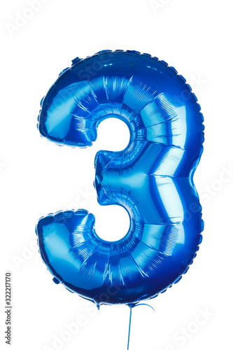 number three years blue balloon, isolated on white