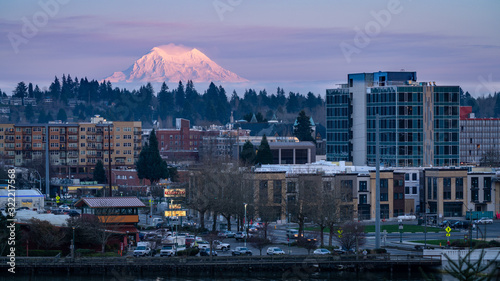 Downtown Olympia Washington With Mount Rainier In The Background During Sunset