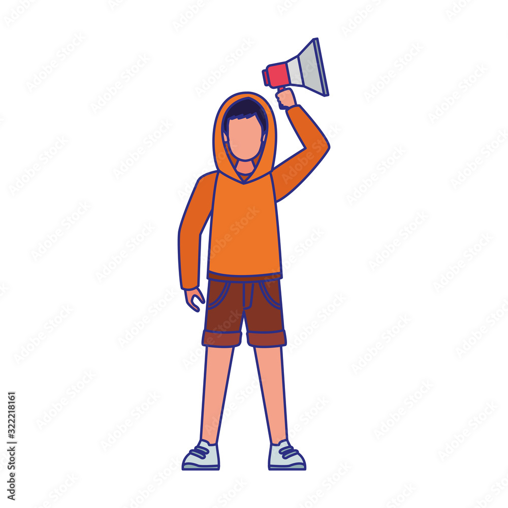 cartoon young man using a sweater and holding up a megaphone cartoon young man using a sweater and holding up a megaphone