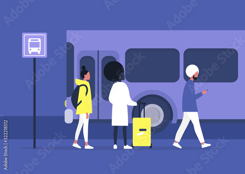 Daily commute, Public transportation, A diverse group of character waiting for the bus at the station