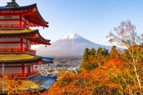 Chureito Pagoda with Fuji Mountain Background in Autumn  Japan