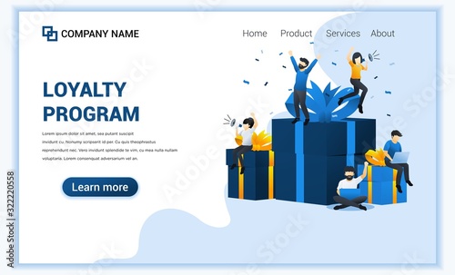Loyalty program and rewards concept with happy people near big gift boxes. Can use for landing page web banner, infographics, landing page, web template. Vector illustration