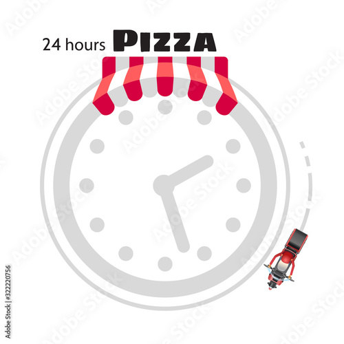Delivery man with red uniform driving scooter. Top view. Pizza delivery isolated on white background. Vector cartoon illustration with lettering 24 hours. Express delivering around the clock logo