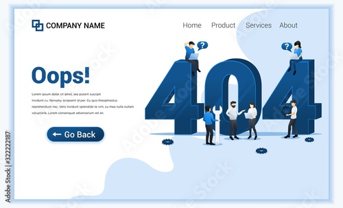 404 error page not found concept with people trying to fix error on website page near big symbol 404. Can use for web banner, landing page, website template. Modern flat vector illustration