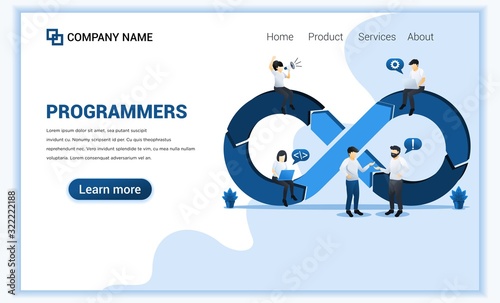 Programmers at work concept, software development with characters. Can use for web banner, business analysis, landing page, website template. Flat vector illustration