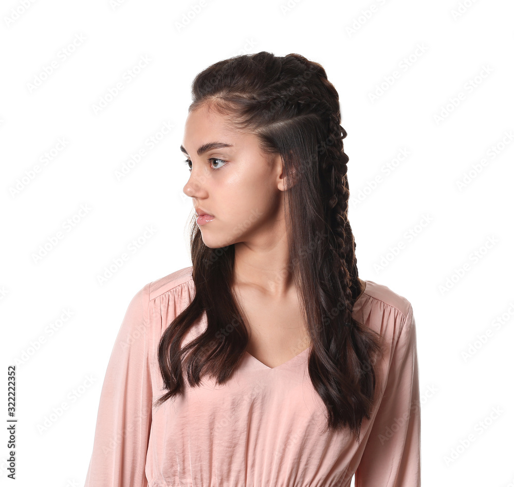 Young woman with beautiful hairdo on white background Young woman with beautiful hairdo on white background