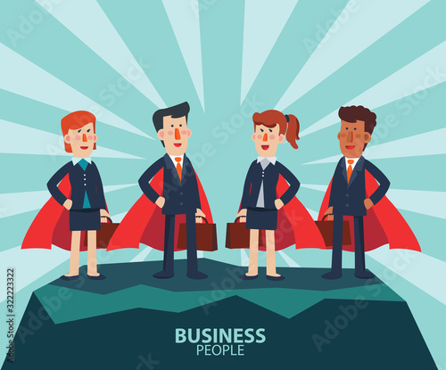 Super Business man and business woman. Cartoon superhero standing with cape waving in the wind