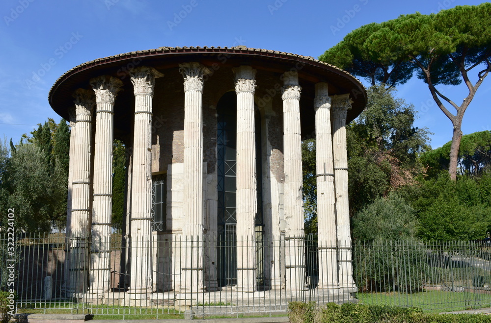 Tempio di Ercole Vincitore or Temple of Hercules Victor. Ancient Roman Greek classical style temple. Rome, Italy.