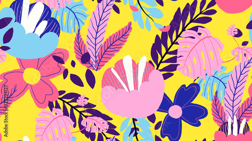 Botanical seamless pattern, various hand drawn flowers and leaves on yellow