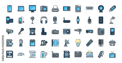 Technology line and fill style icon set vector design