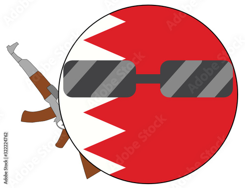 Cool Bahrain flag emoji. Round Bahrani flag emoticon wearing sunglasses and holding a machine gun. Expression of protest, fighting for freedom, independence, patriotism and Bahrani culture.