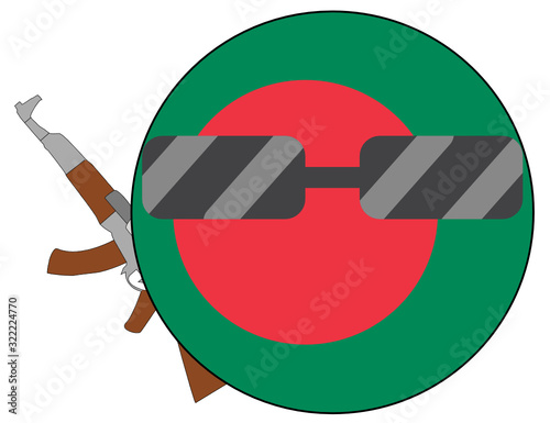 Cool Bangladesh flag emoji. Round Bangladeshi flag emoticon wearing sunglasses and holding a machine gun. Expression of protest, fighting for freedom, independence, patriotism and Bangladeshi culture.