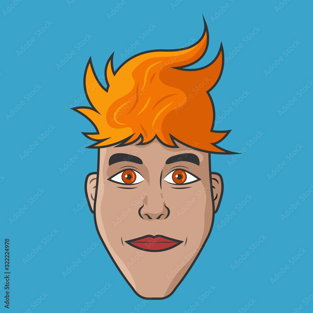 Character for your project. Cartoon vector illustration design. The woman with orange hair and red lips. Portrait of attractive smiling female.