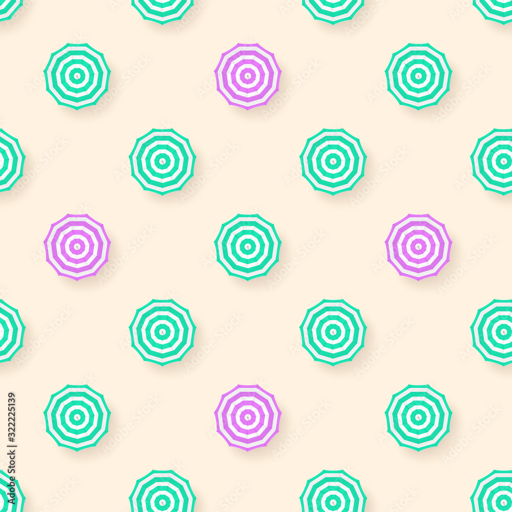 Seamless pattern with sun umbrellas isolated on yellow background. Sun umbrellas with green and pink pattern on summer sand. Template for fabric, wrapper, banners. Vector 3d illustration Seamless pattern with sun umbrellas isolated on yellow background. Sun umbrellas with green and pink pattern on summer sand. Template for fabric, wrapper, banners. Vector 3d illustration
