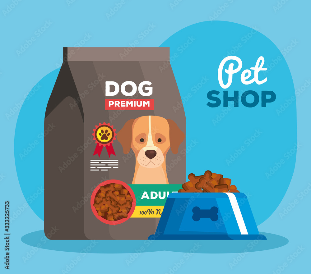 Plakat pet shop with dish and bag food dog
