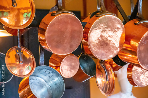 Copper cookware in a kitchen