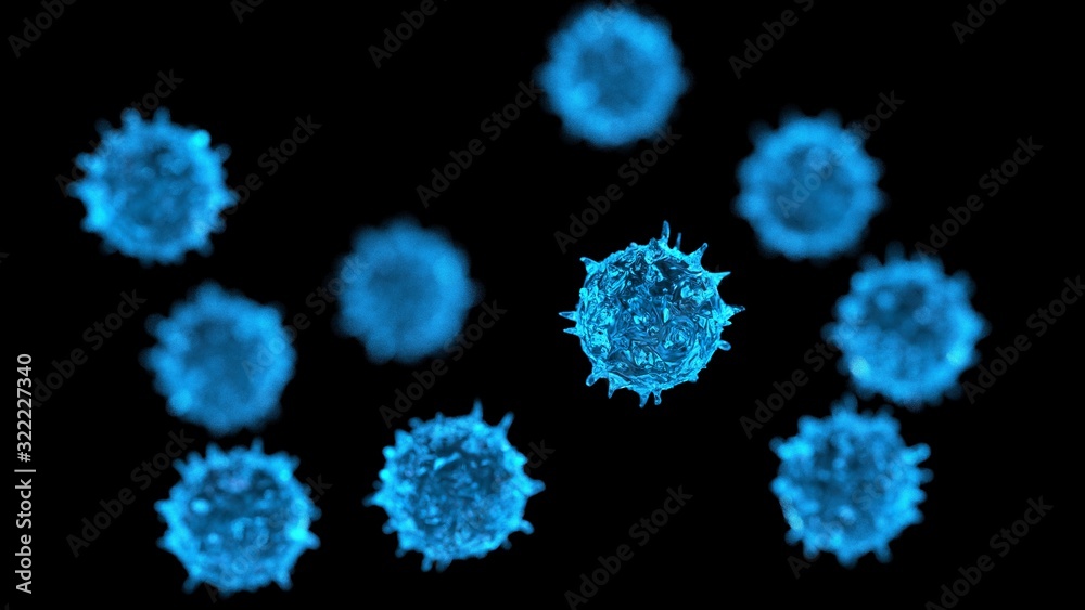Blue Virus, flu, view of a virus under a microscope, infectious disease. 3D illustration. 3D high quality rendering. 3D CG. Blue Virus, flu, view of a virus under a microscope, infectious disease. 3D illustration. 3D high quality rendering. 3D CG.